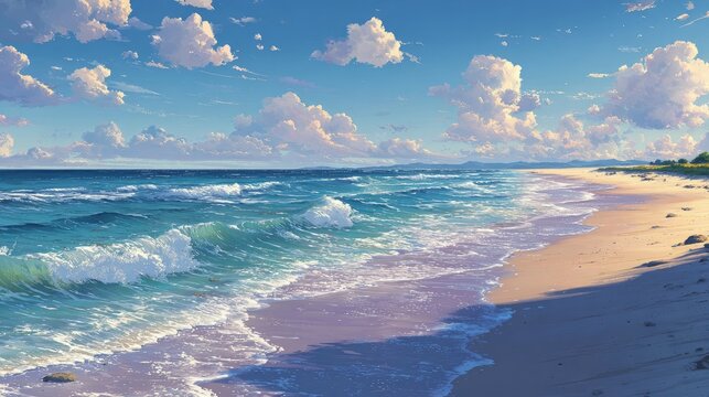 Delightful anime sweetheart tranquil beach setting calming waves gently crashing ashore