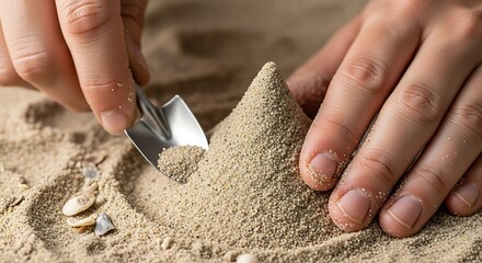 Miniature Sandcastle Construction: Hands Sculpting a Tiny Dune with a Shovel