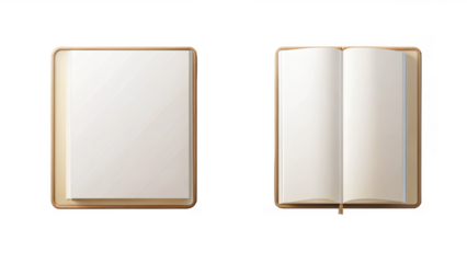 Two blank notebooks, one open and one closed isolated on transparent background