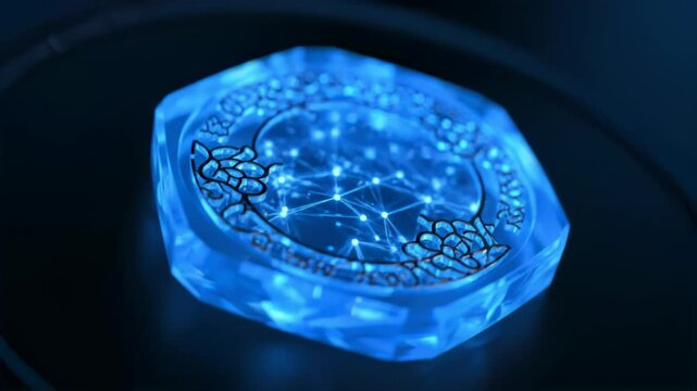 Blue Cryptocurrency Token Spinning With Glowing Network Connection