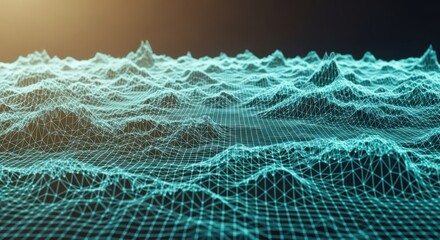 A digital landscape with a grid of interconnected points forming a mountainous terrain.