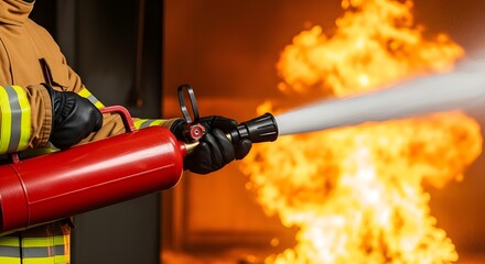 Person holding a red fire extinguisher suppressing large intense flames during a safety training drill.