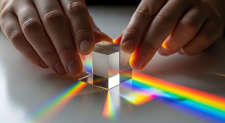 Hands Guiding Light Through a Prism, Creating a Vibrant Rainbow Spectrum