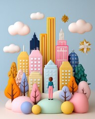 Fototapeta premium Modern Business Concept Whimsical Abstract Cityscape with Vibrant Colors and Minimalist Design with colorful tech elements symbolizing digital economy