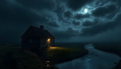 Moonlit cabin by the river nighttime landscape photography tranquil environment