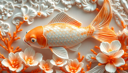 Carp fish artistry in floral design studio 3d relief calm environment close-up view