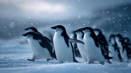 A group of penguins huddling together on an icy Antarctic shore, with snow swirling around them