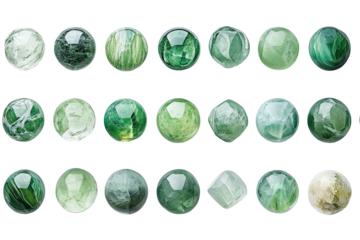 Green beads in neat rows polished spheres, multifaceted & marbled stone texture