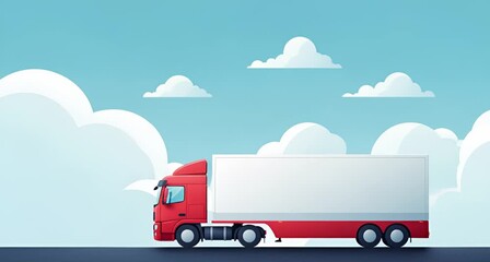 A vibrant red semitruck with a white trailer drives along a road under a bright blue sky filled with fluffy white clouds animated 4k video