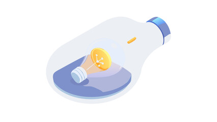 Isometric illustration of a light bulb inside a glass bottle, , representing idea generation, innovation, and creative thinking