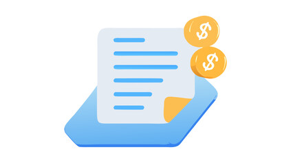 Isometric illustration of a document with dollar coins, , representing finance, payment, billing, and financial transactions