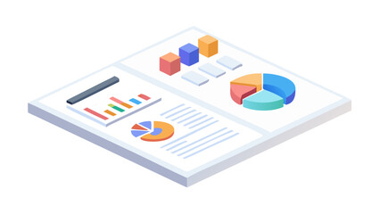 Isometric illustration of business report, showcasing data analysis, charts, and financial insights for strategic planning