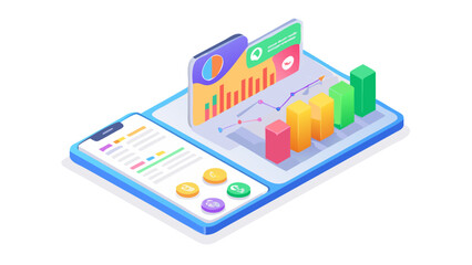 Isometric illustration of data analysis on a smartphone and tablet, , showcasing charts, graphs, and financial information