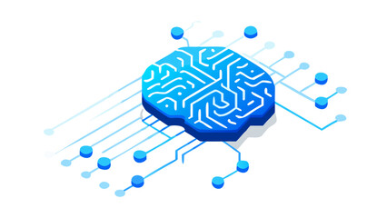 Isometric illustration of an artificial intelligence brain, representing machine learning, neural networks, and cognitive computing