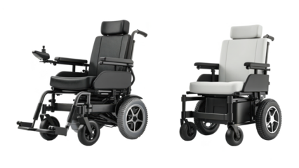Two electric wheelchairs isolated on transparent background for senior people