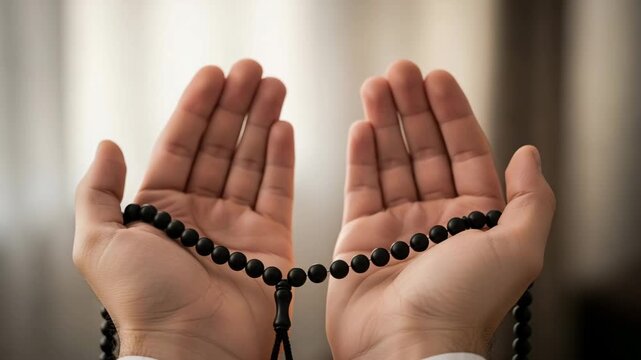 Hands holding prayer beads in a gesture of supplication and devotion to allah