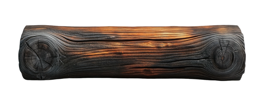 Charred wooden log, darkened edges, visible woodgrain and end knots
