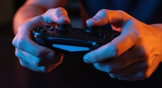 Close-up of hands holding controller illuminated by blue and orange light