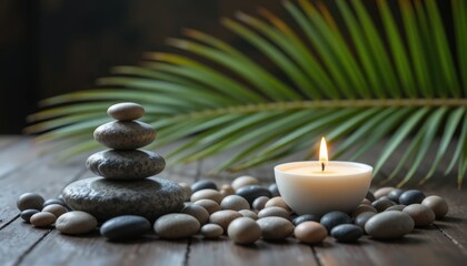 Peaceful Arrangement of Stones and Candle on Wooden Surface With Palm Leaf in Serene Setting