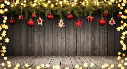 Festive Christmas Garland Decoration with Blinking Lights and Ornaments on Wooden Background