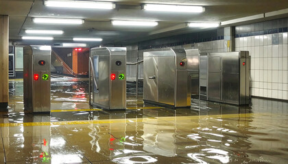 地下鉄の駅構内で改札口が浸水し水害の恐ろしさを映すリアルな情景