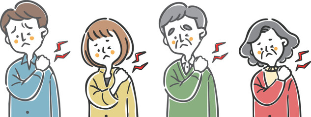 肩こりに悩む家族二世代　上半身　ベクター
