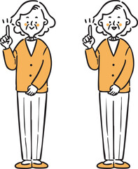 人差し指を立てて説明するおばあさん　全身　ベクター（オレンジ）

