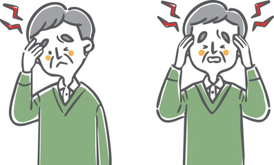 頭痛に悩むシニア男性　上半身　ベクター
