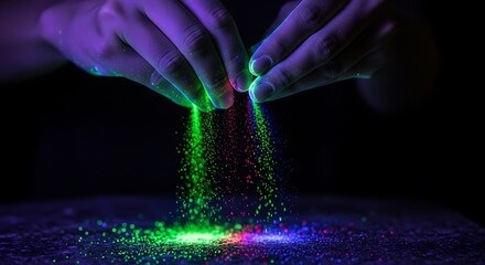 Neon Dust Cascade: Hands Releasing Vibrant Particles in Dark Ambiance