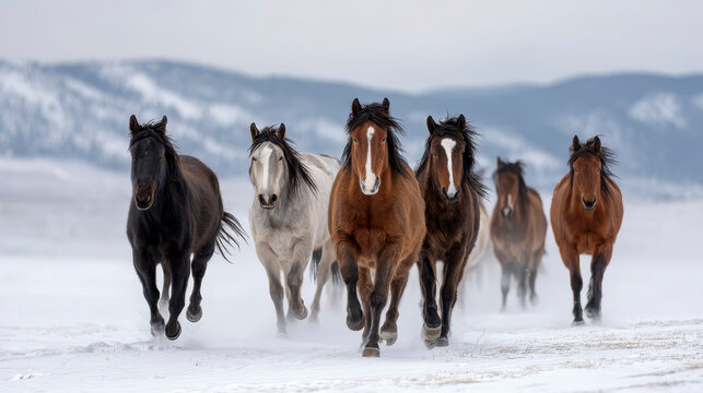 A herd of wild horses galloping across a snowy plain, their breath visible in the cold air