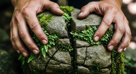 Hands Holding Mossy Rock: Nature's Resilience and Delicate Balance