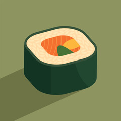 Isometric drawing of a single piece of sushi on a solid green background with a long shadow.