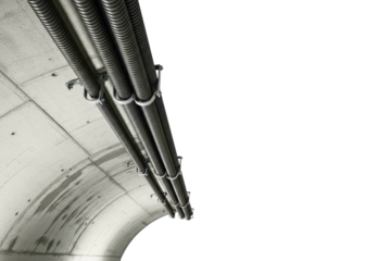 Corrugated electrical conduits on a concrete tunnel ceiling on a transparent background