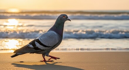 A Pigeon Walks on a Beach at Sunrise