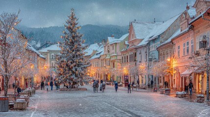 Festive Cityscape: Snowy Street Scene with Christmas Tree and Lights in Winter Ambiance