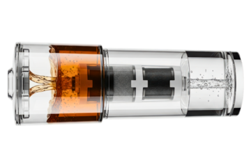 Cross-section of water filter showing the purification process on a transparent background