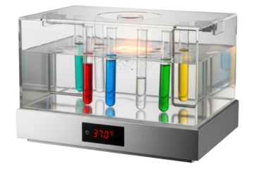 Laboratory water bath with test tubes of colorful liquids on a transparent background