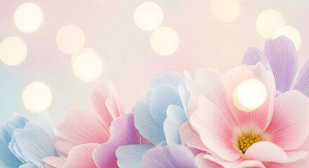 Soft pastel spring flowers adorned with sparkling bokeh lights, crafting a serene and ethereal background ideal for romantic themes, invitations, and elegant design projects
