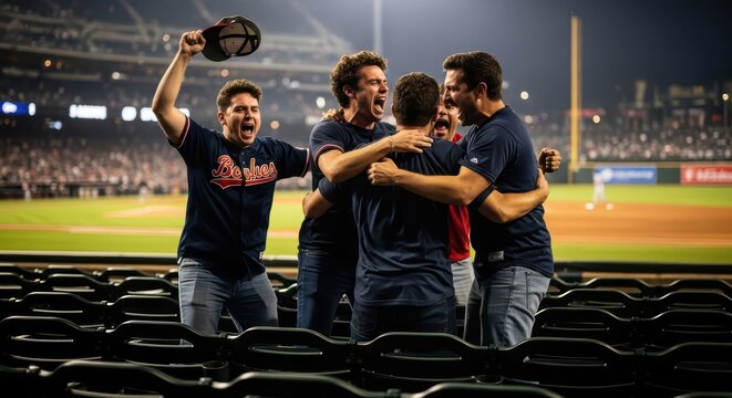 Young caucasian males celebrating at night baseball game in stadium atmosphere - Powered by Adobe