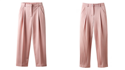 Two pink womens trousers isolated on transparent background, one pleated and stylish