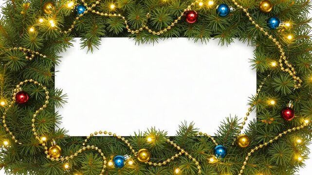 Christmas fir branches with lights and ornaments, isolated on white background