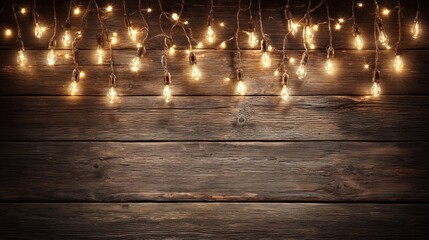 Rustic Wood Background with Warm String Lights, Ideal for Festive Holiday or Event Invitations