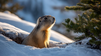 Obraz premium A marmot emerging from its day on a snowy hillside, stretching as the winter sun glows over the snow