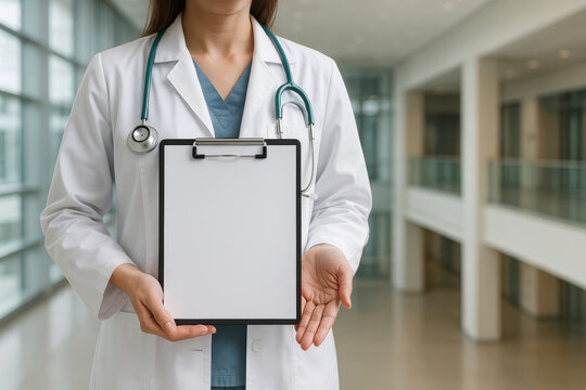 Female doctor medical uniform holding blank clipboard with stethoscope hospital corridor, healthcare professional presenting empty paper for medical record or information, confident and calm