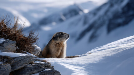 A marmot emerging from its day on a snowy hillside, stretching as the winter sun glows over the snow