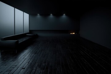 Dark, modern interior with a couch and fireplace