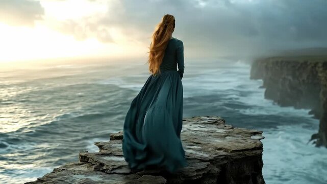 Romantic era style woman in a flowing teal gown stands on a majestic cliff overlooking vast ocean waves during a dramatic sunset sky