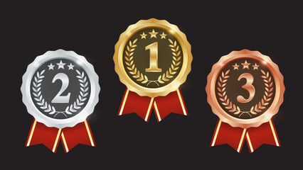 Gold, Silver, and Bronze Medals Set – Champion No.1, No.2, No.3 Award Badges with Laurel Wreath and Red Ribbon Vector