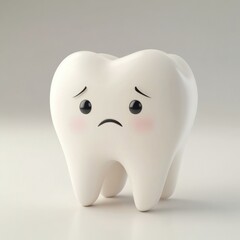 A cute, sad cartoon tooth character with big eyes, expressing a sense of worry or concern, set against a smooth, neutral background.