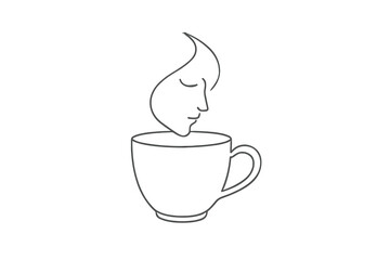 Line art of a woman’s face emerging from a coffee cup  
